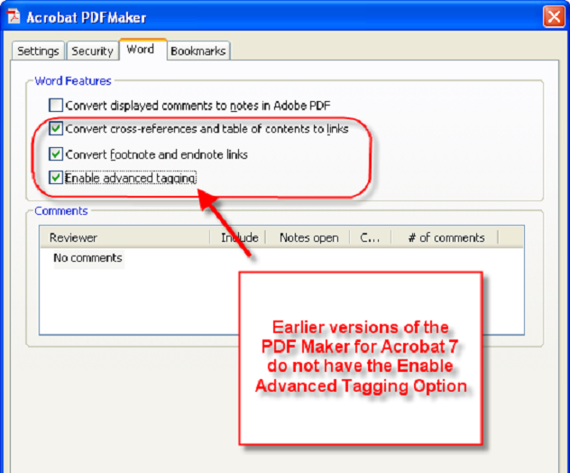 A screenshot of the Acrobat PDFMaker dialog box in Word.